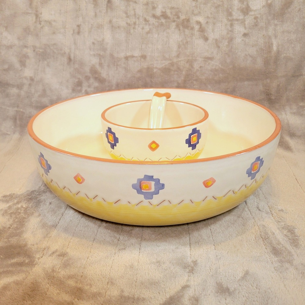 Santa Fe‎ Ceramic Chip and Dip Set Bowls Spoon Made in Portugal Yellow Southwest